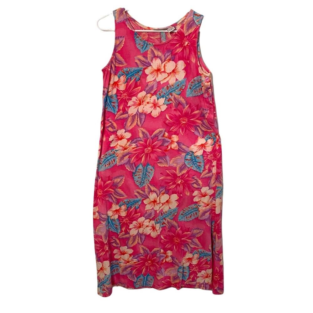 Vintage Mumu House Dress Caftan Floral Leaves tank maxi Beaded Loungees S 1990’s